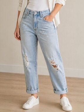 Lowrys Farm Japanese Denim Jeans Light Wash Distressed Straight Crop Medium